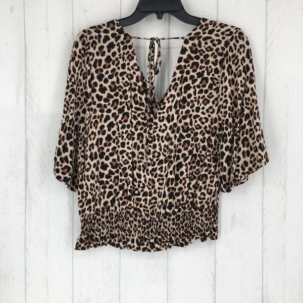 L Animal print faux button flare slv top