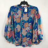 M Flo print button down swing hem 3/4 slv blouse