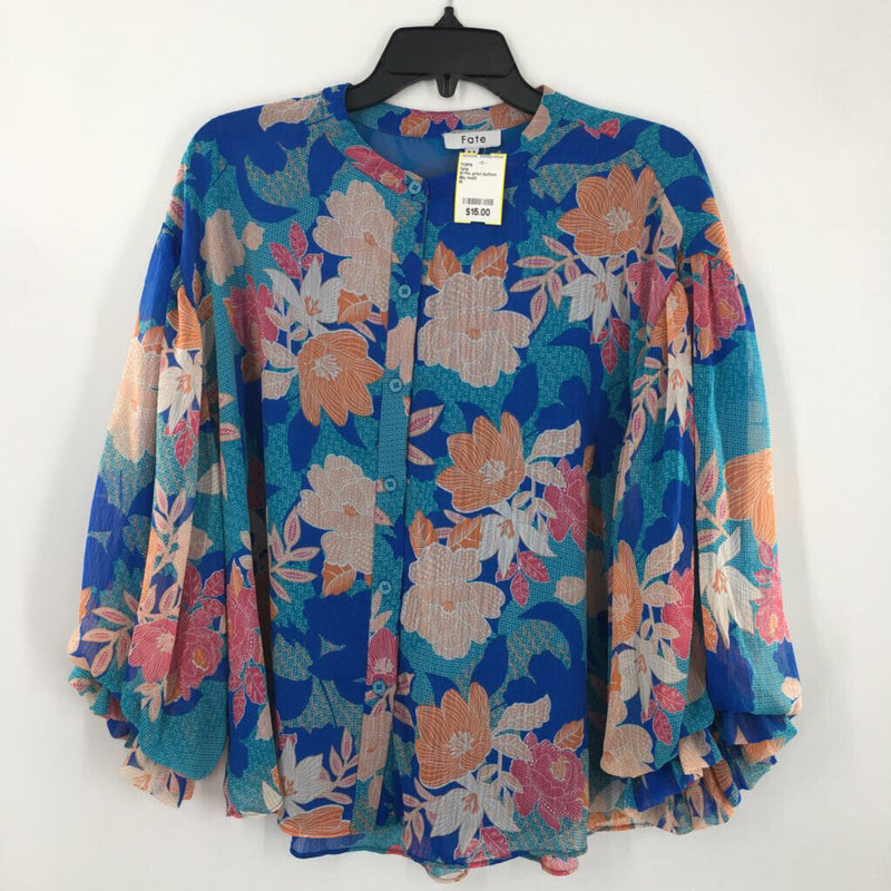 M Flo print button down swing hem 3/4 slv blouse