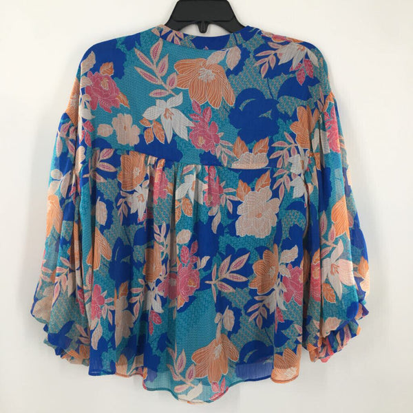 M Flo print button down swing hem 3/4 slv blouse