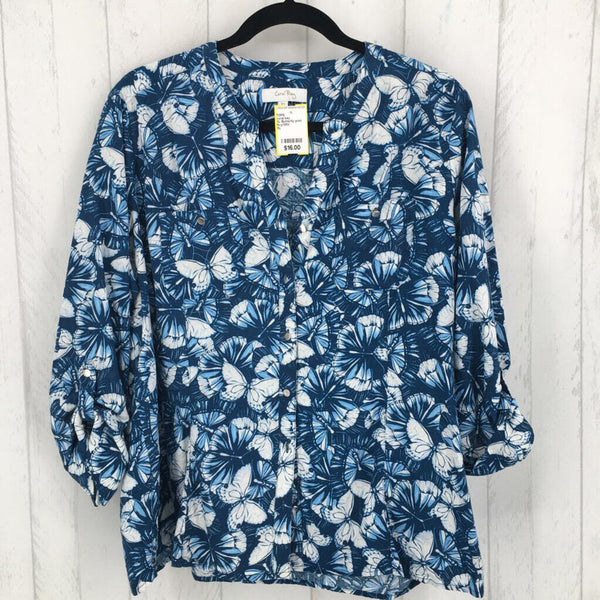 XL Butterfly print button down l/s top