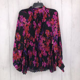 L Pleated flo print button back l/s top