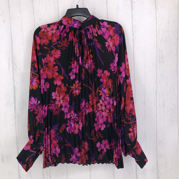 L Pleated flo print button back l/s top