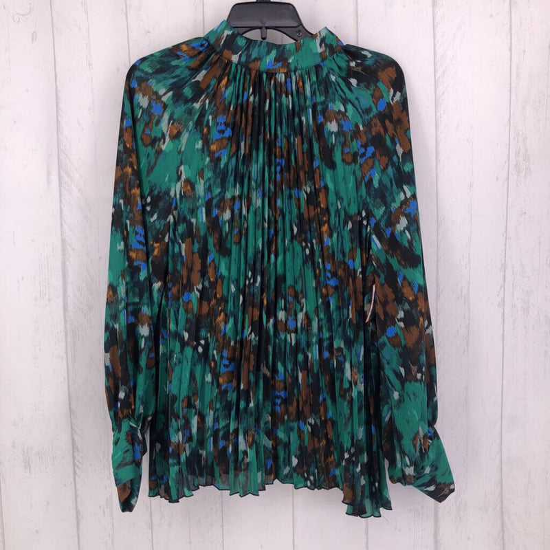 L Pleated flo print button back l/s top