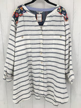 R134 3X 100% linen striped embroidred button down l/s top