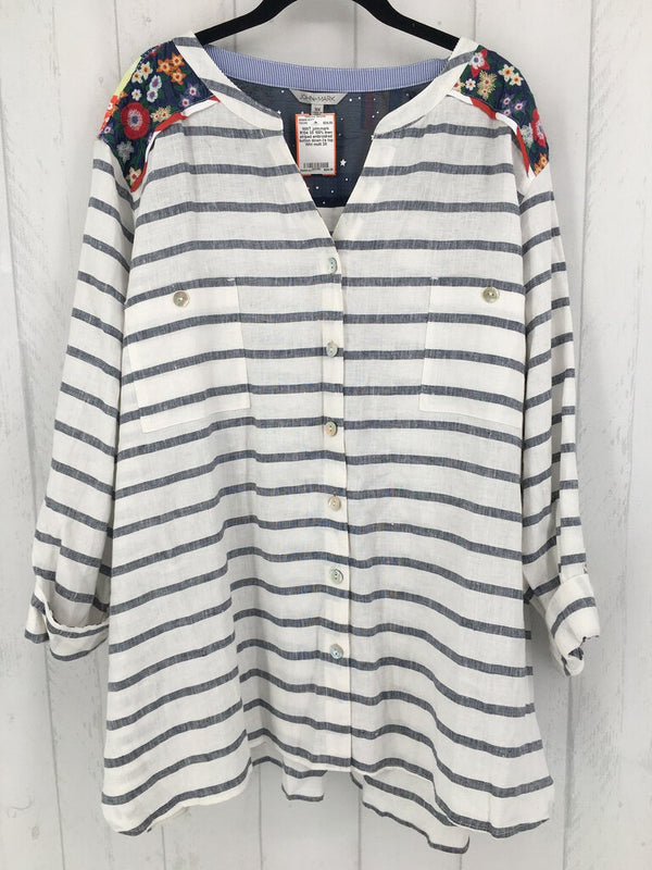 R134 3X 100% linen striped embroidred button down l/s top