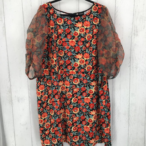 24 Flo print sheer puff slv dress