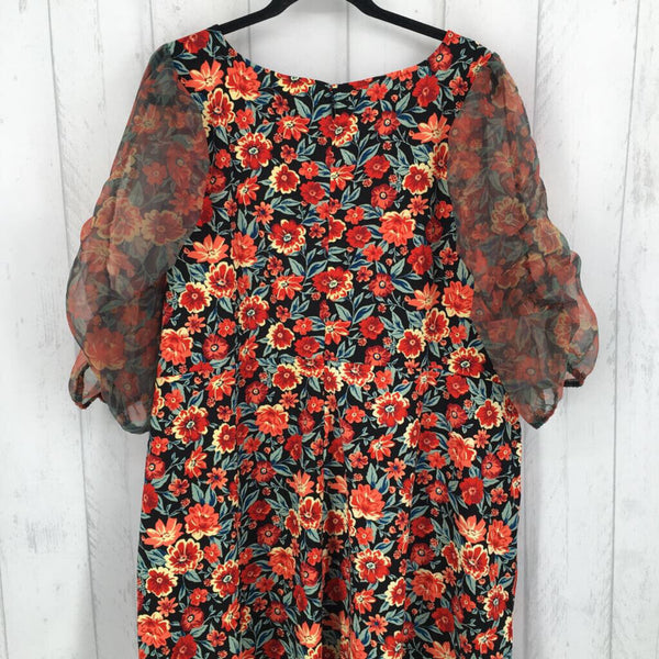 24 Flo print sheer puff slv dress