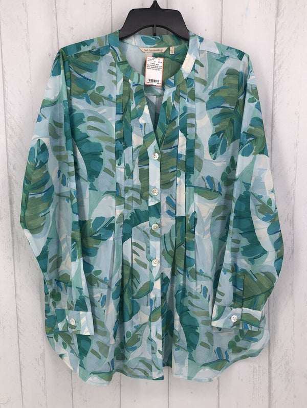 L Leaf print pleated button down l/s top