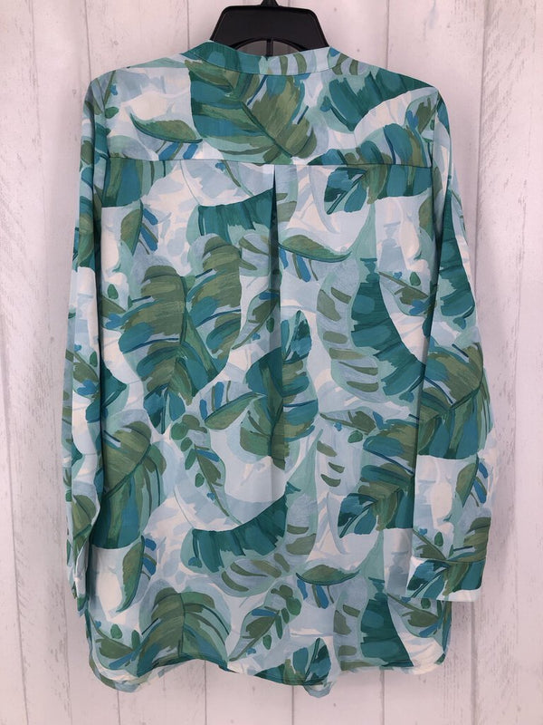 L Leaf print pleated button down l/s top