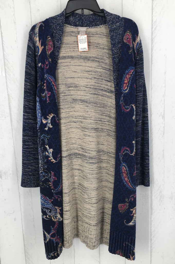 2(L) Paisley print long open front cardigan