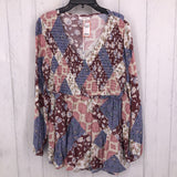 S Smocked printed l/s top