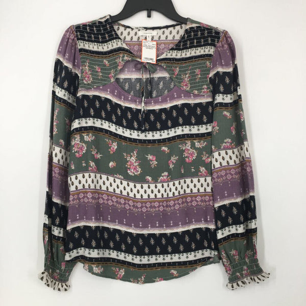 S Smocked flo print l/s top