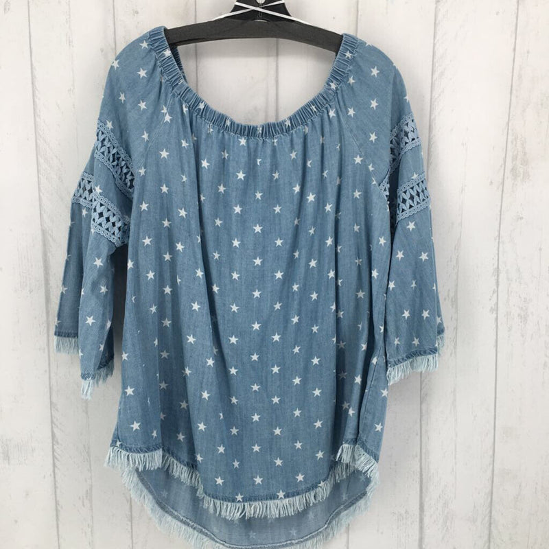 XL Denim star print raw hem elbow slv top