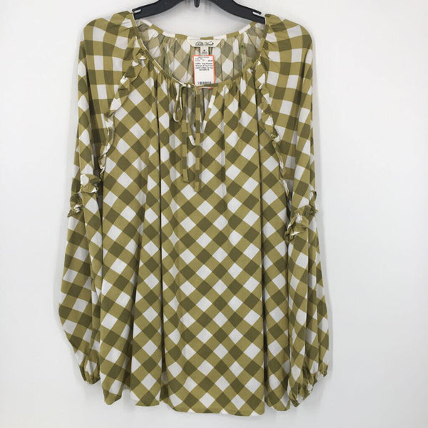 M Tie front plaid ruffled l/s top