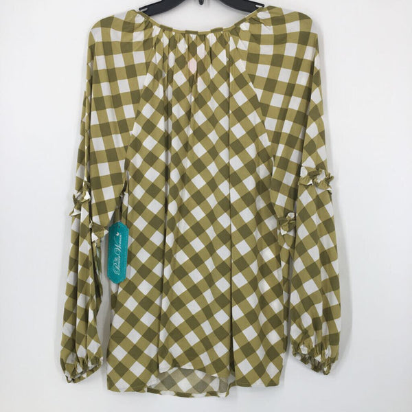 M Tie front plaid ruffled l/s top