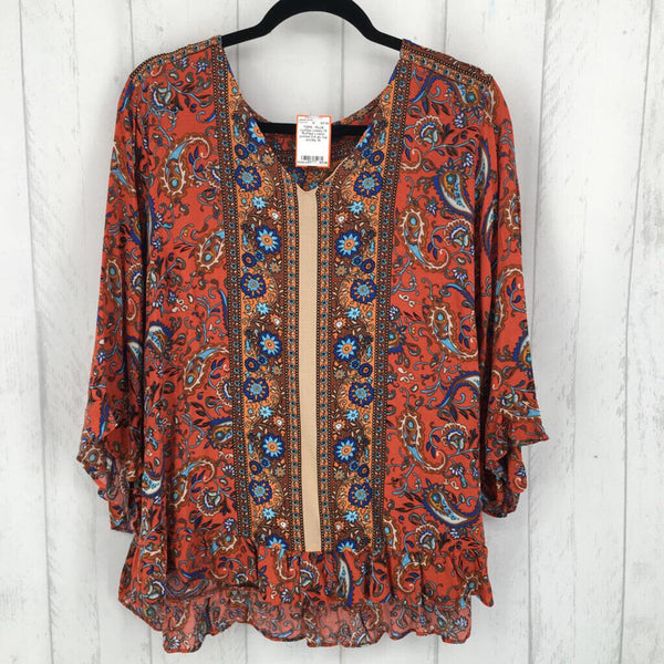 1X Ruffled v-neck printed 3/4 slv top