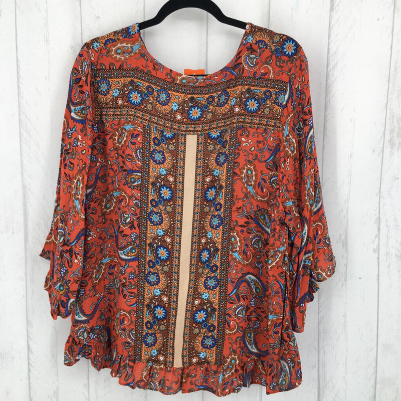 1X Ruffled v-neck printed 3/4 slv top