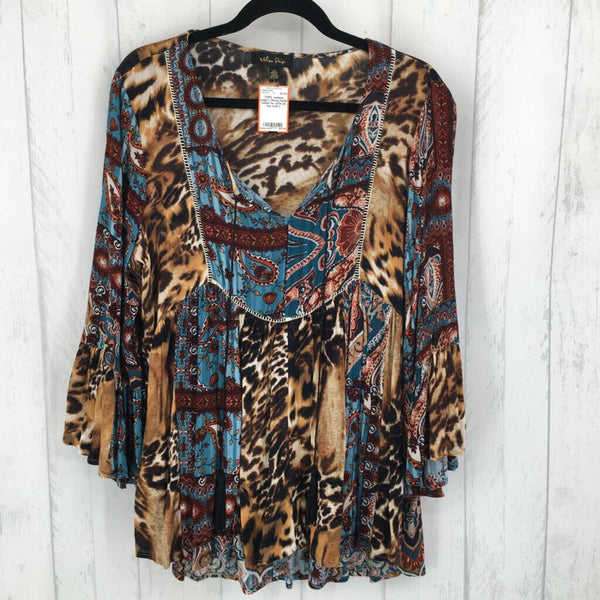 L Mixed media tassel tie ruffle slv top