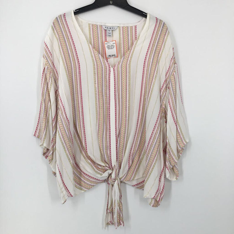 L Striped tie front elbow slv top