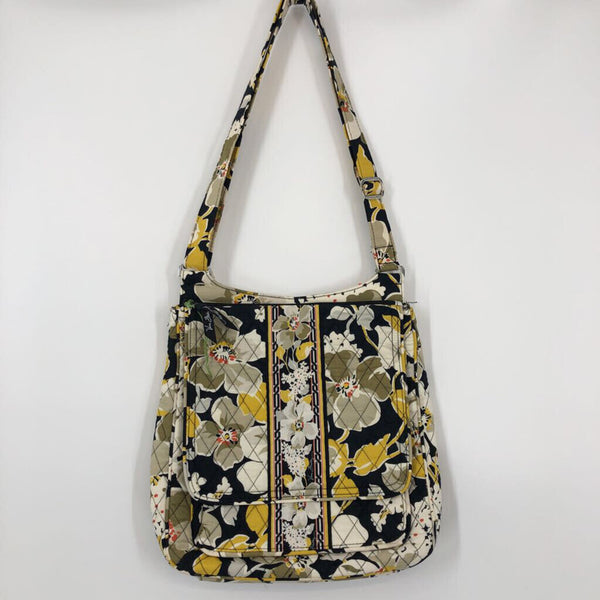 Quilted flo print front flap crossbody