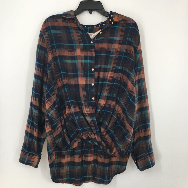 L Plaid button down gathered hem l/s top