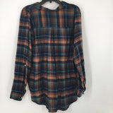 L Plaid button down gathered hem l/s top