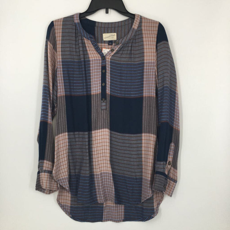 S l/s plaid half button top