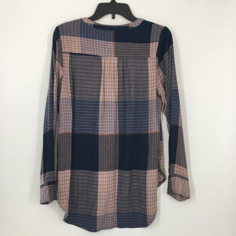 S l/s plaid half button top