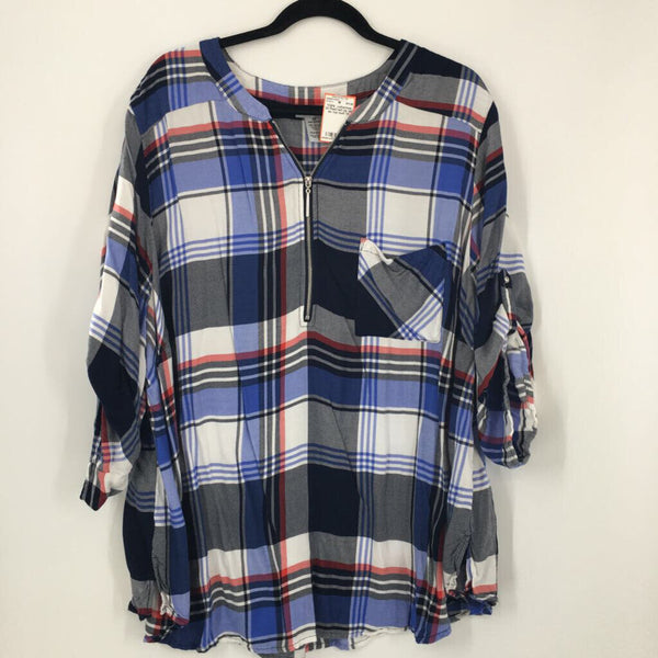 3X Plaid half-zip tab slv top