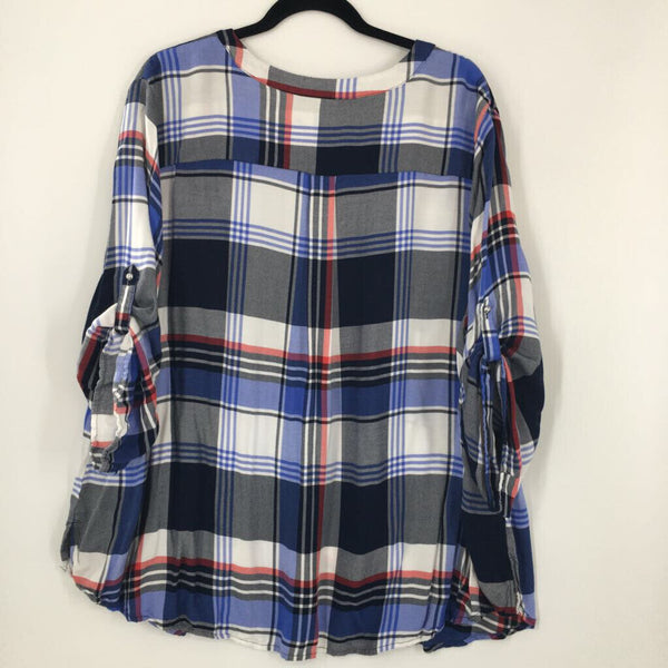 3X Plaid half-zip tab slv top