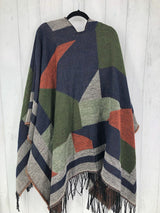 O/S Plaid fringe hem poncho