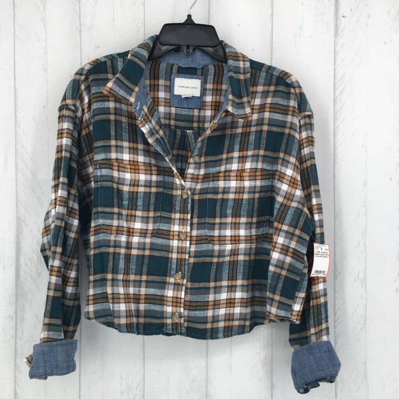 M plaid button crop shirt