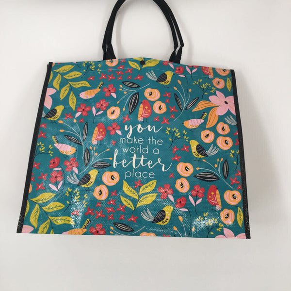 Reusable tote-turq flowers