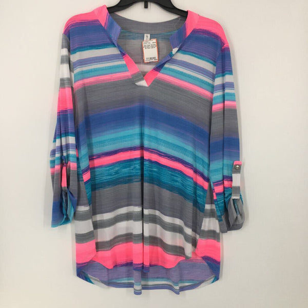 M Striped v-neck tab slv tunic