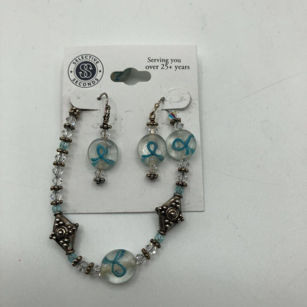 925 Blue ribbon bracelet & earrings set