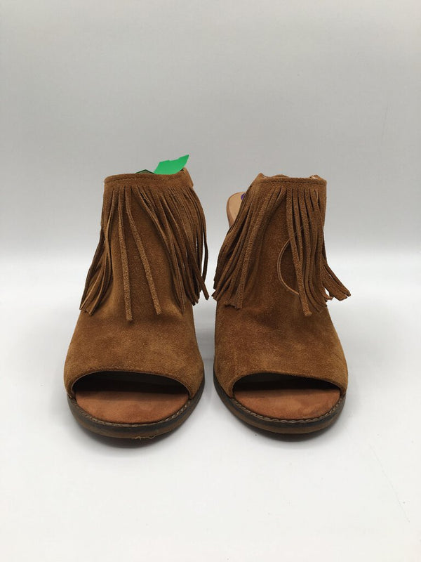 8.5 open toe fringe ankle strap booties