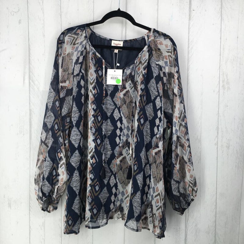 R44 1XL Printed tie front l/s top