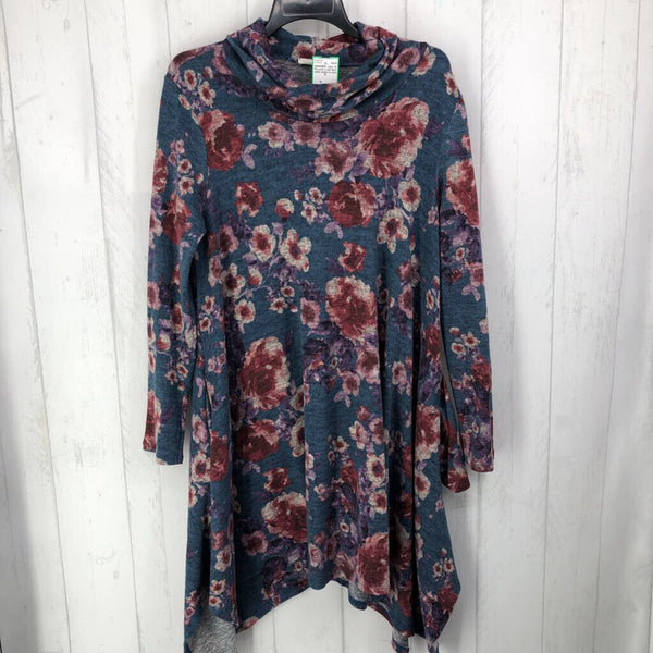 1X Flo print cowl neck a-line dress l/s