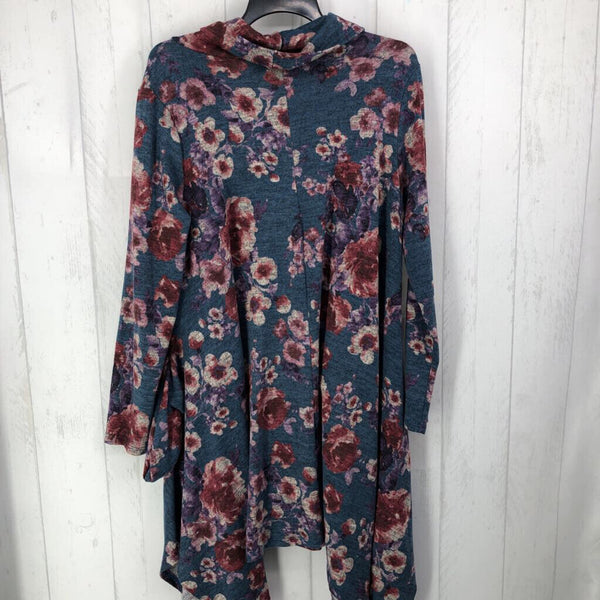 1X Flo print cowl neck a-line dress l/s