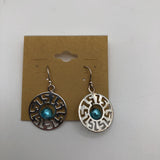 Silvertone greek key & blue stone earrings