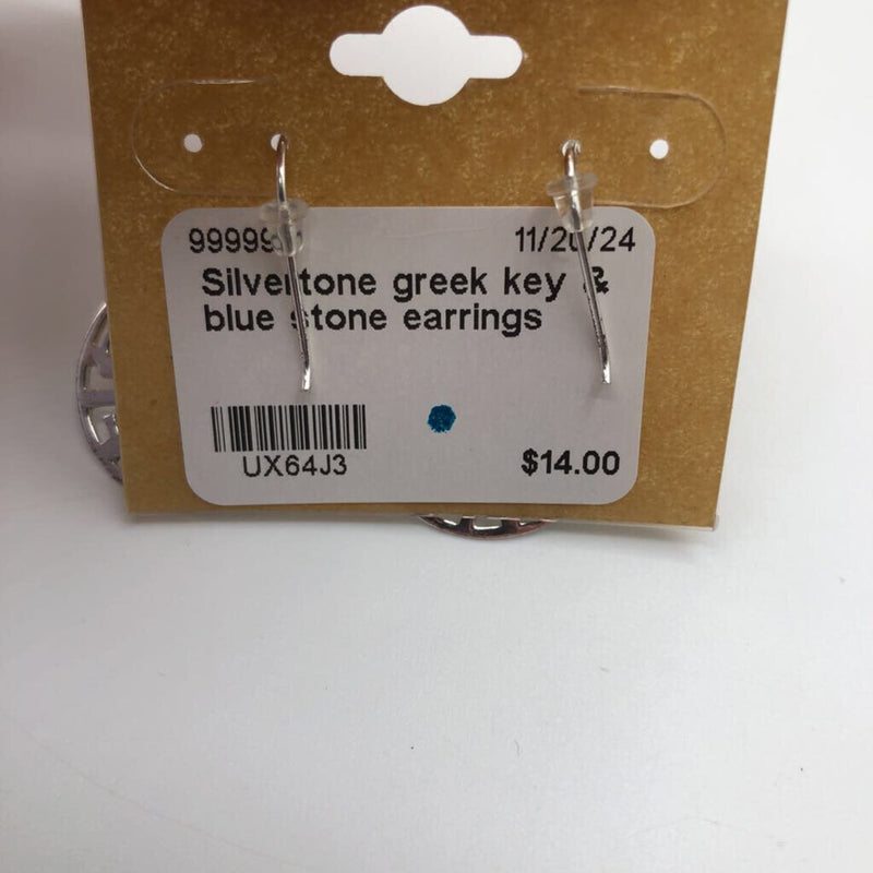 Silvertone greek key & blue stone earrings