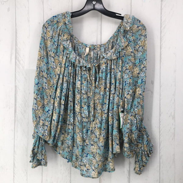 M 3/4 slv floral ruffle hem top