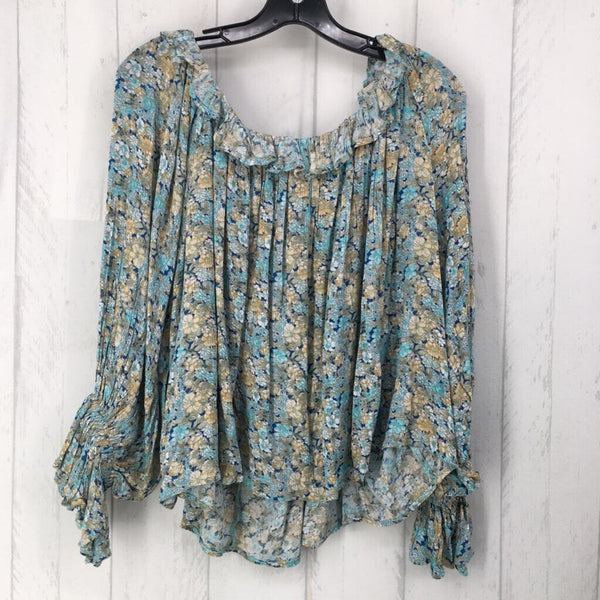 M 3/4 slv floral ruffle hem top