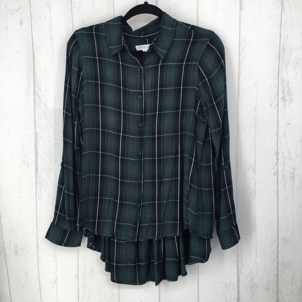 Sp Plaid button down pleated back l/s top