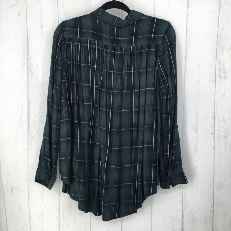 Sp Plaid button down pleated back l/s top