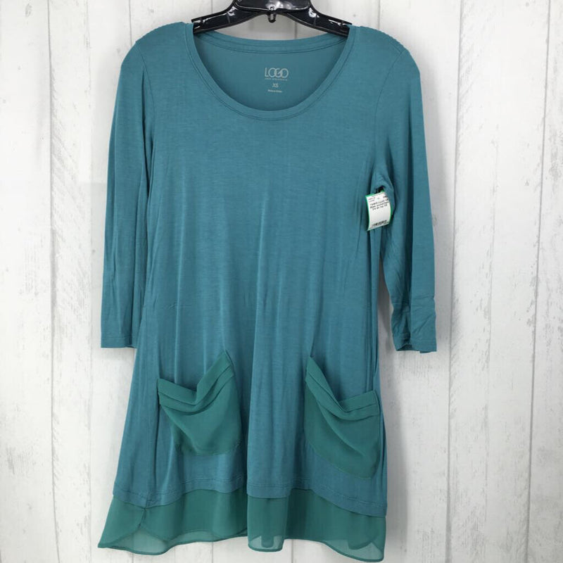 XS Sheer pocket/hem 3/4 slv top