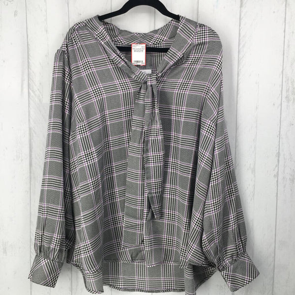 3X Plaid satin tie blouse