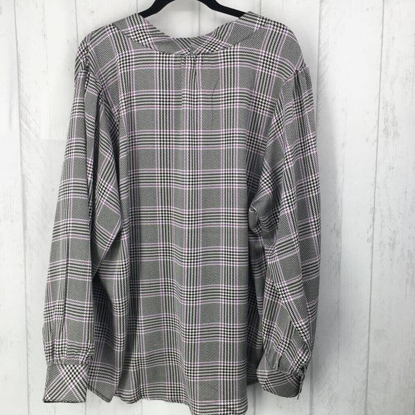 3X Plaid satin tie blouse