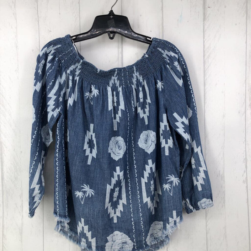 M Printed denim l/s top